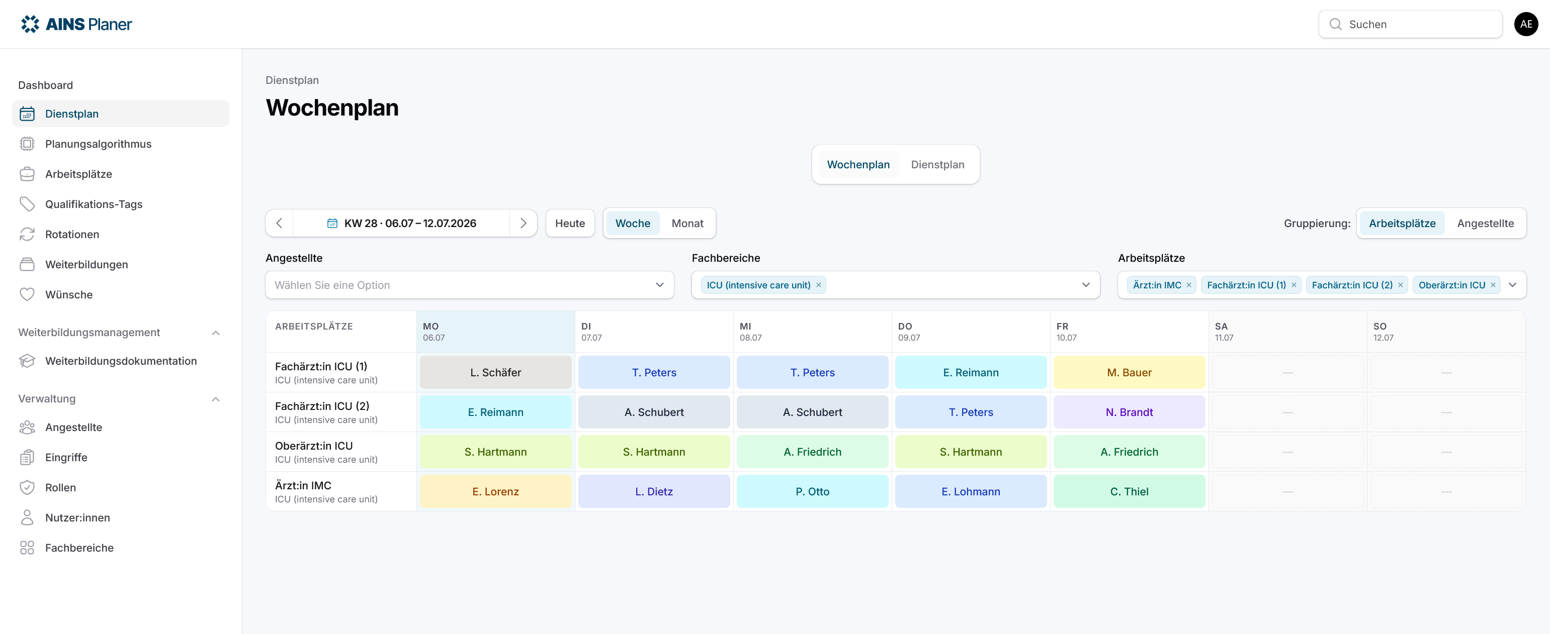 AINS Planer im Browser: Wochenplan mit Arbeitsplätzen, Fachbereichen und farbig markierten Diensten
