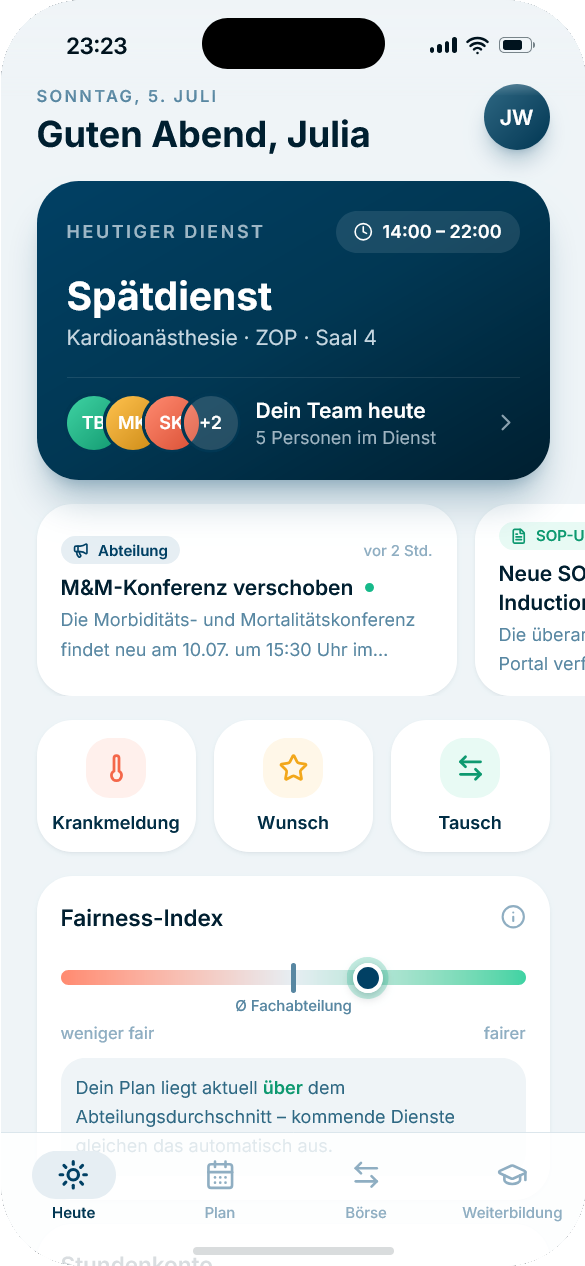 AINS Planer App: heutiger Dienst, Krankmeldung, Wunsch, Tausch und Fairness-Index